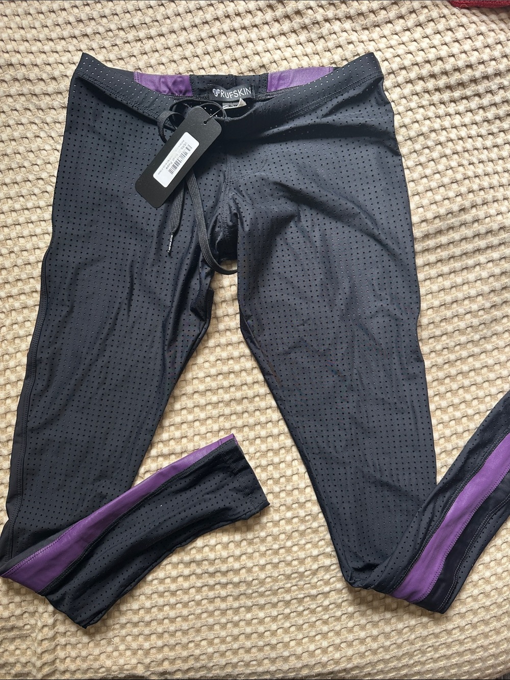 Rufskin Black Mesh Leggings with Purple Stripe